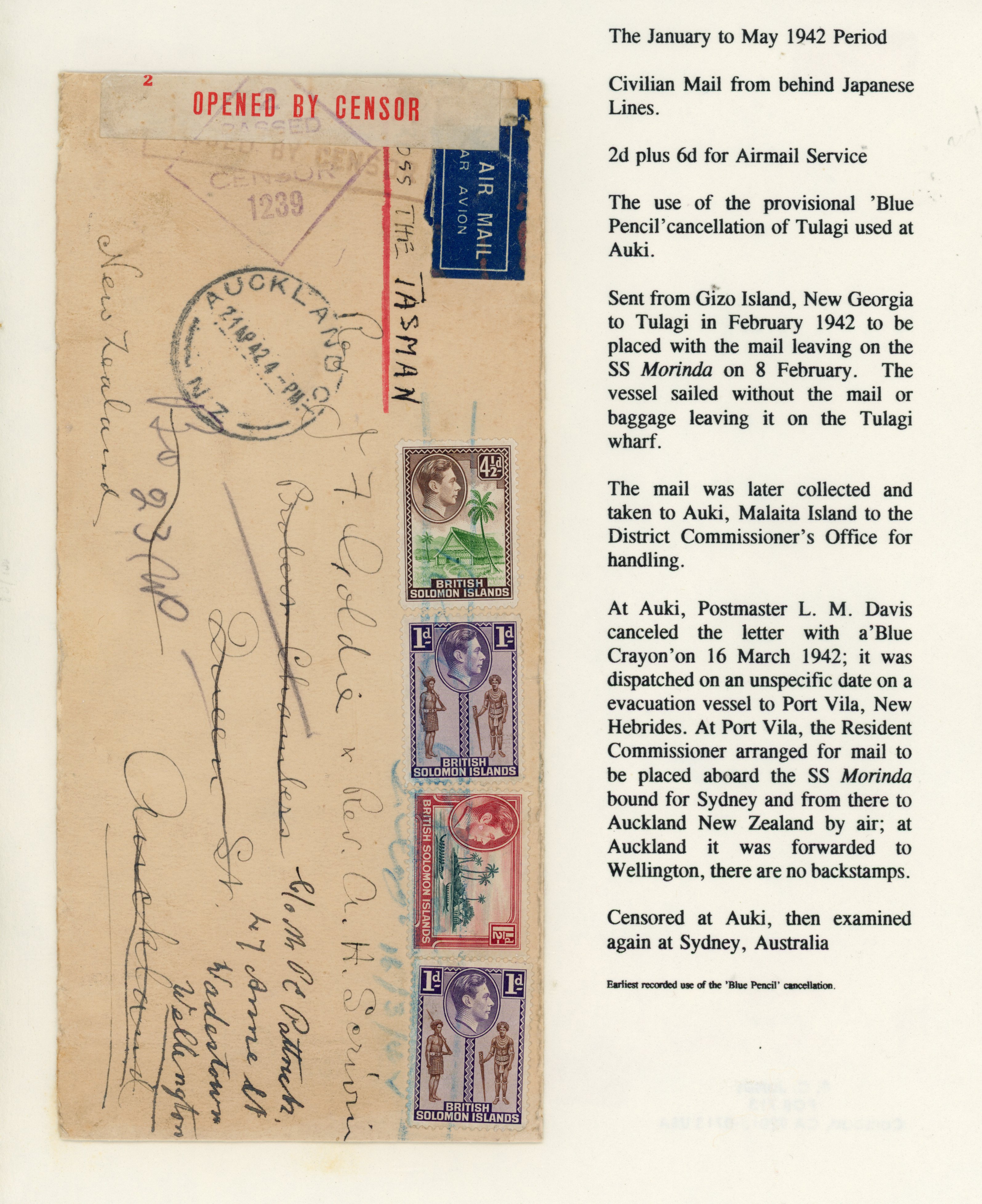 Solomon Islands 1942 'Blue Crayon' cover to NZ