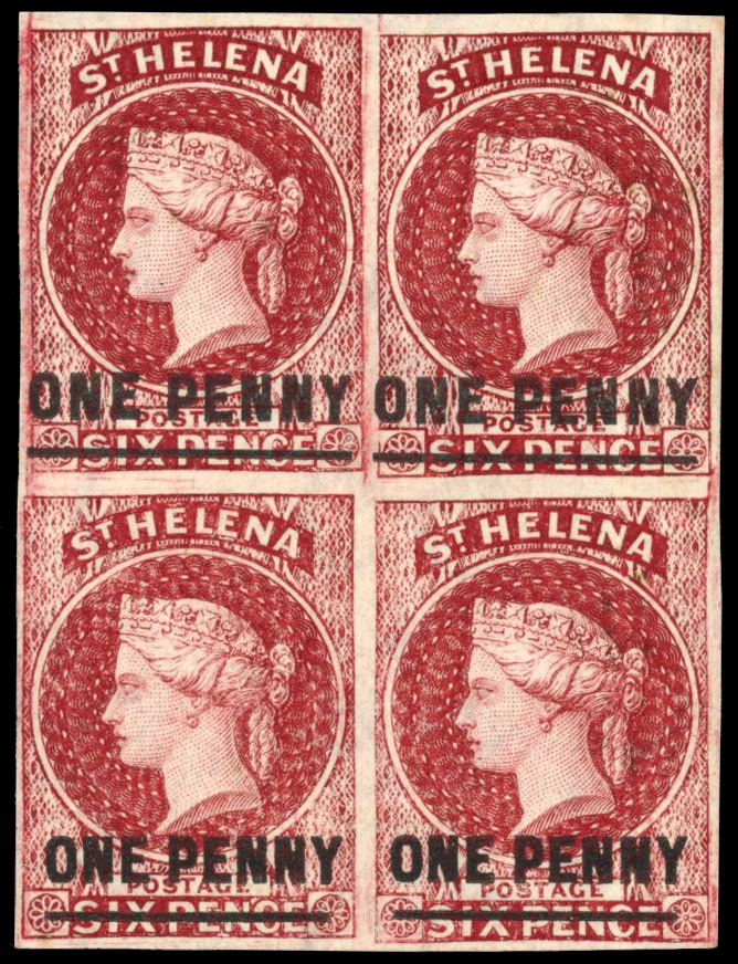 St Helena SG 4a 1863 1d lake block with two se-tenant pairs of the two overprint Types, mint