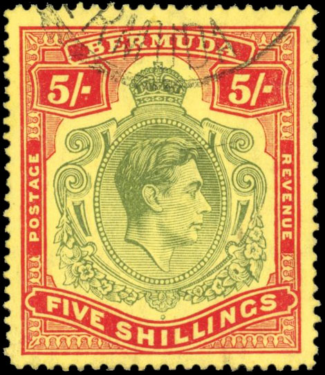 Bermuda 1941 (May) 5s line perf with HPF #22a lower right scroll with broken tail, SG 118bc