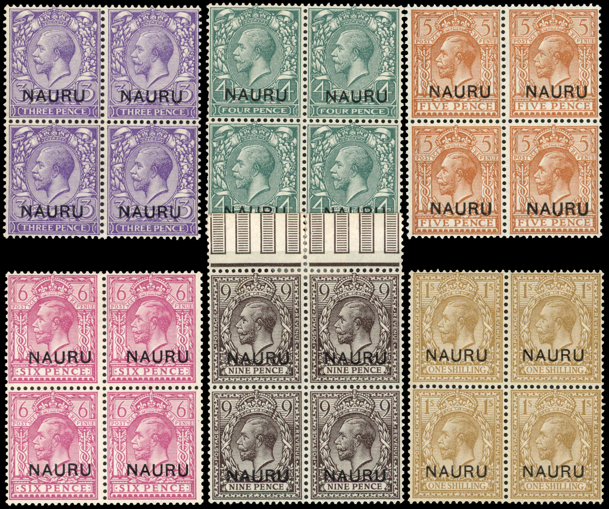 Nauru 1916-23 set of 12 to 1s blocks of 4