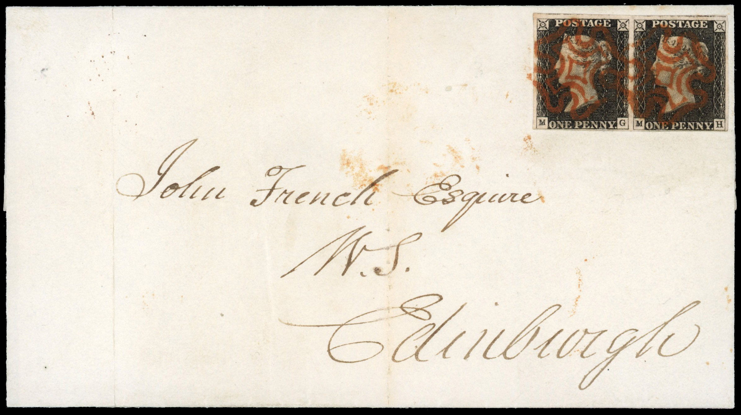 GB 1840 1d black Plate 3 (MG-MH), horizontal pair prepaying the double rate on cover to Edinburgh