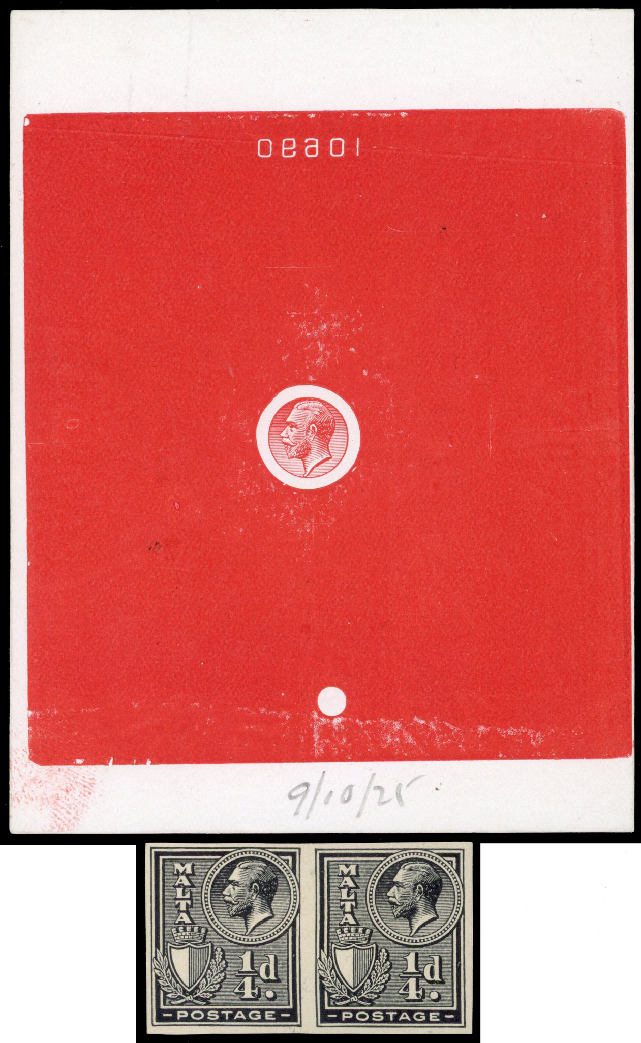 Malta 1925 Master Die Proof of head for pence values in red 2 known