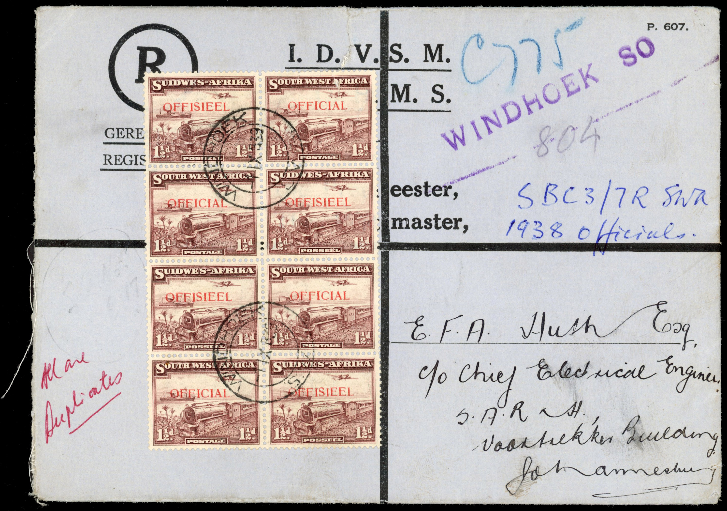 South West Africa 1939 registered Official cover block 1½d Trains