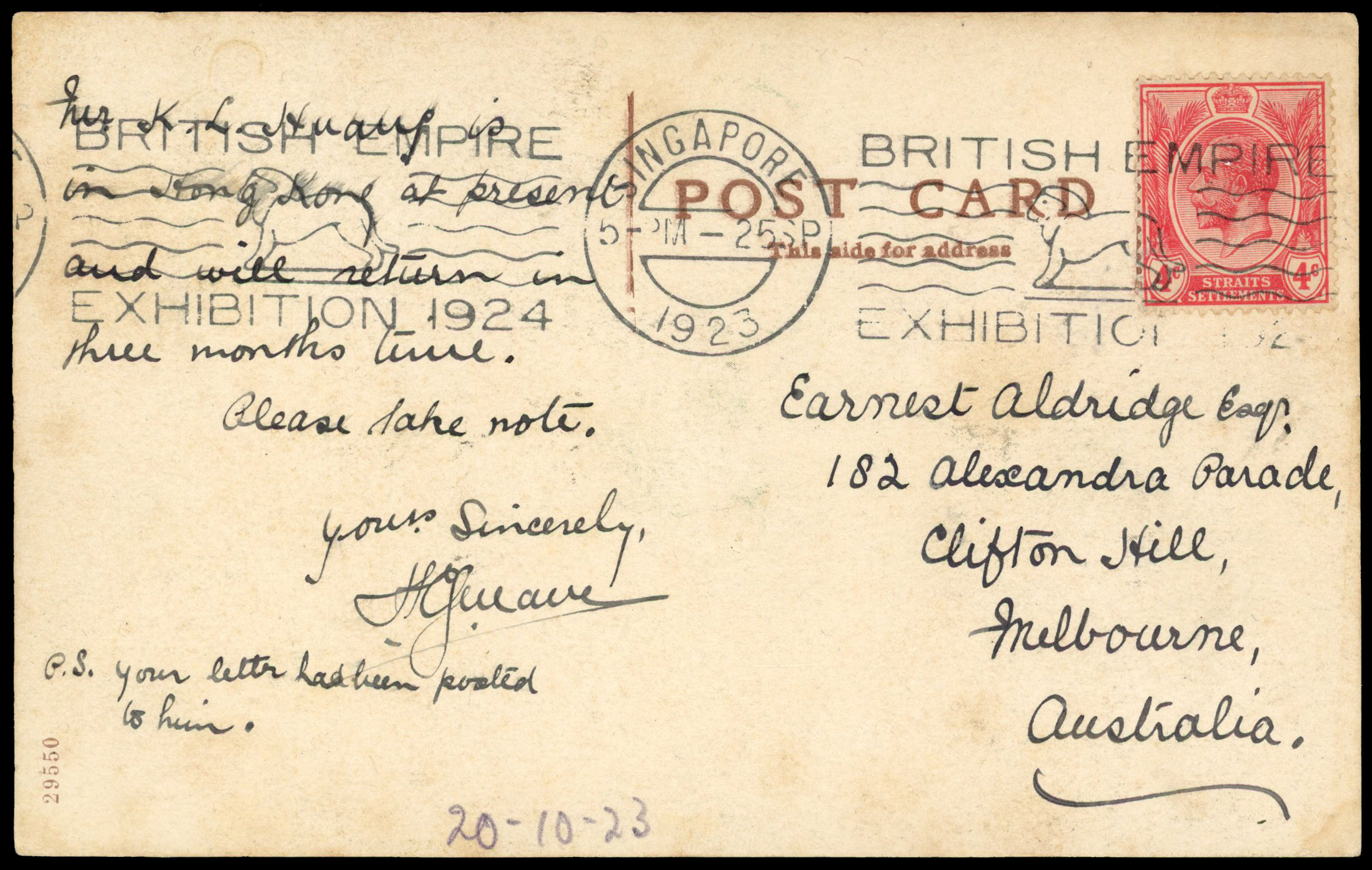 Straits Settlements 1923 postcard to Australia with British Empire Exhibition slogan
