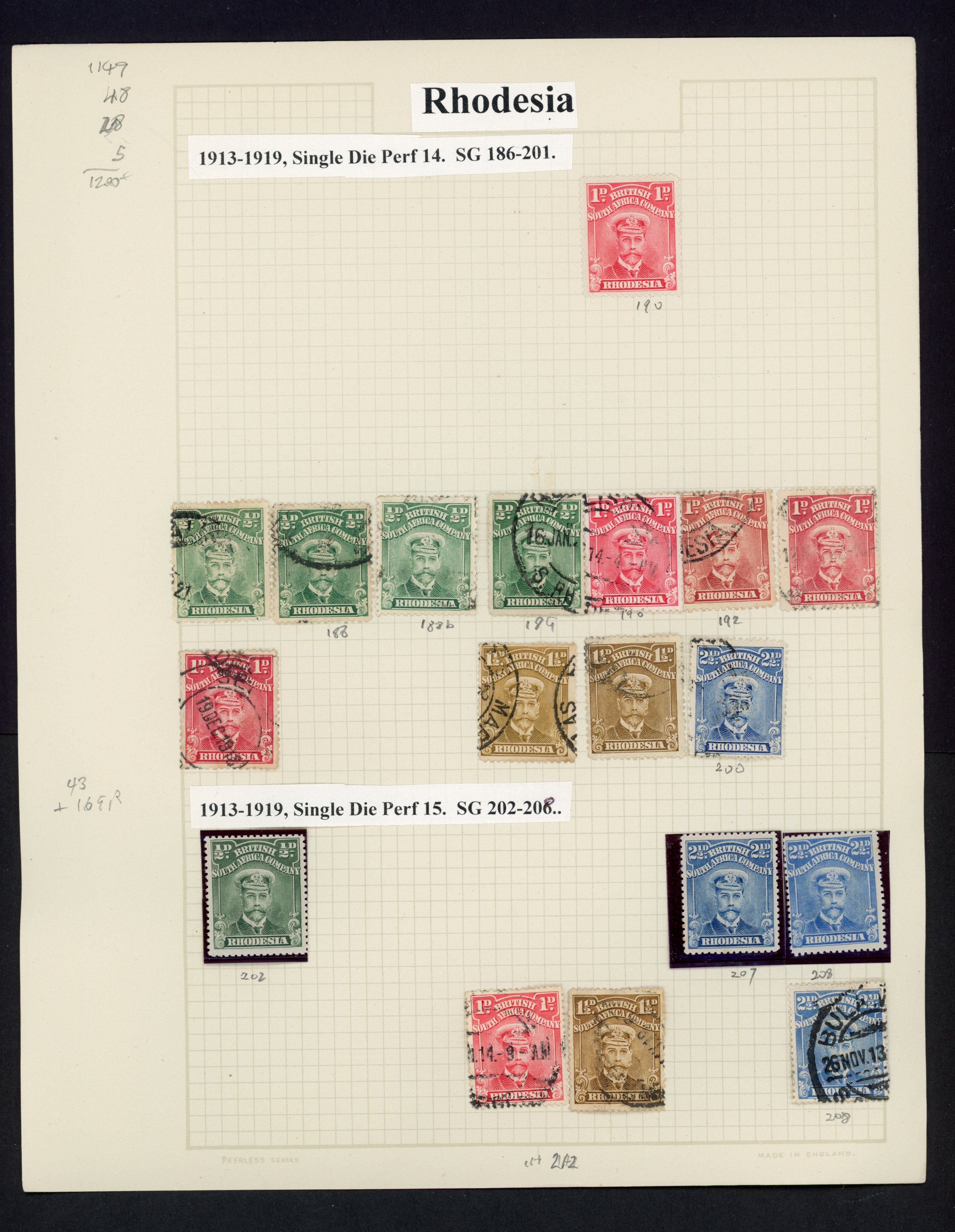 Rhodesia 1913-19 Admirals mint and used selection arranged on album leaves