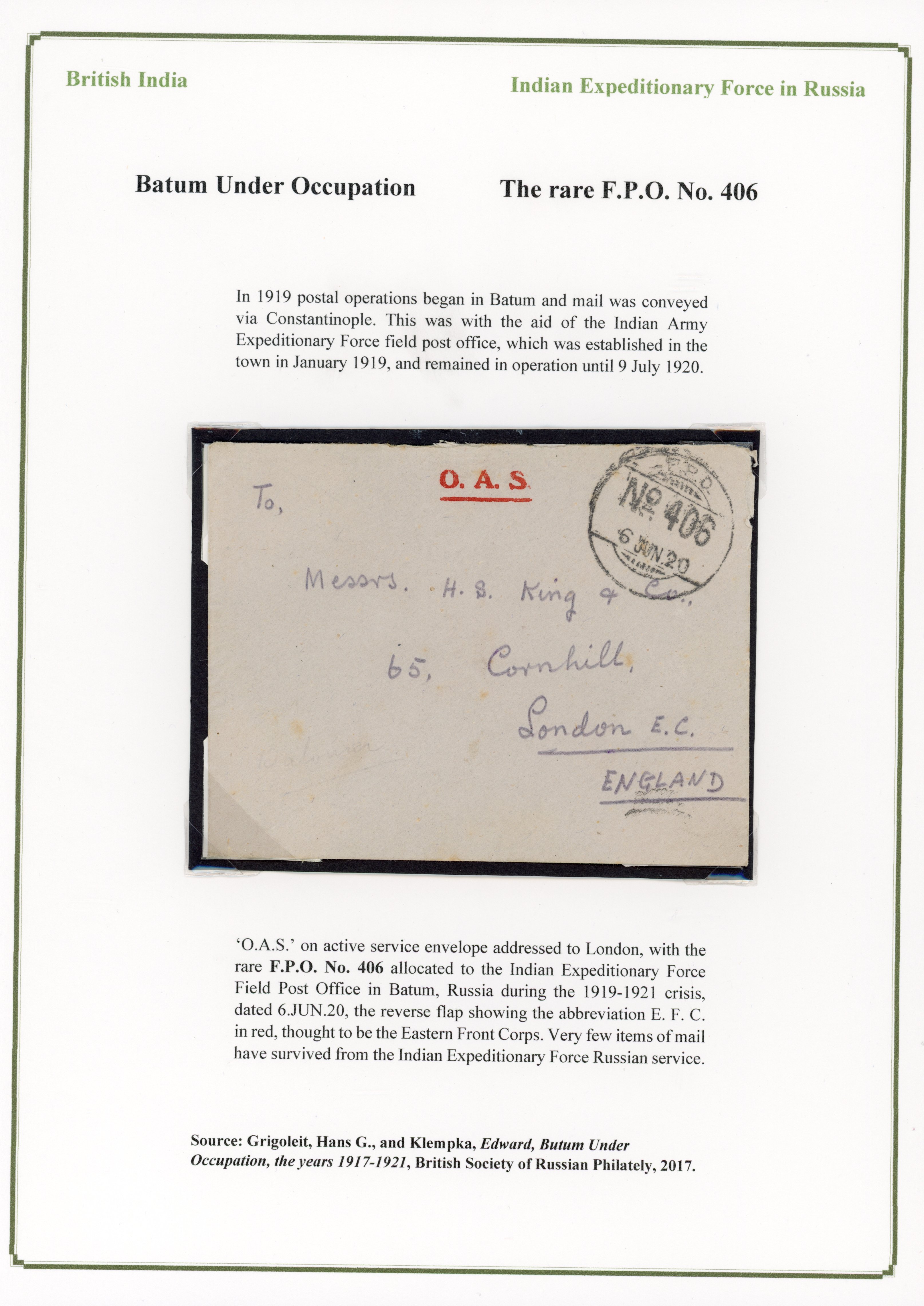 Batum British Occupation 1920 O.A.S. cover to London