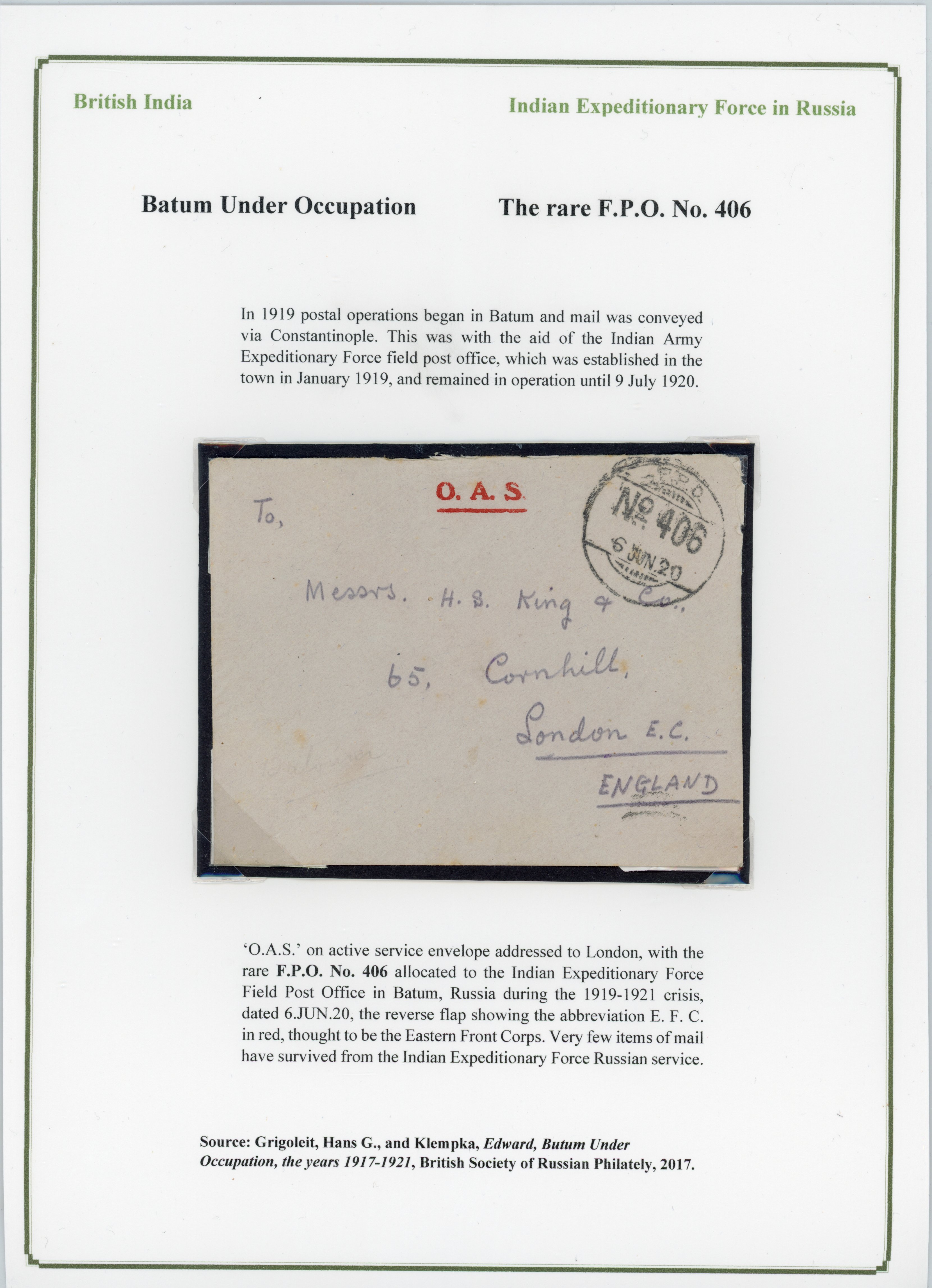 India Expeditionary Force in Batum Russia 1920 FPO 406