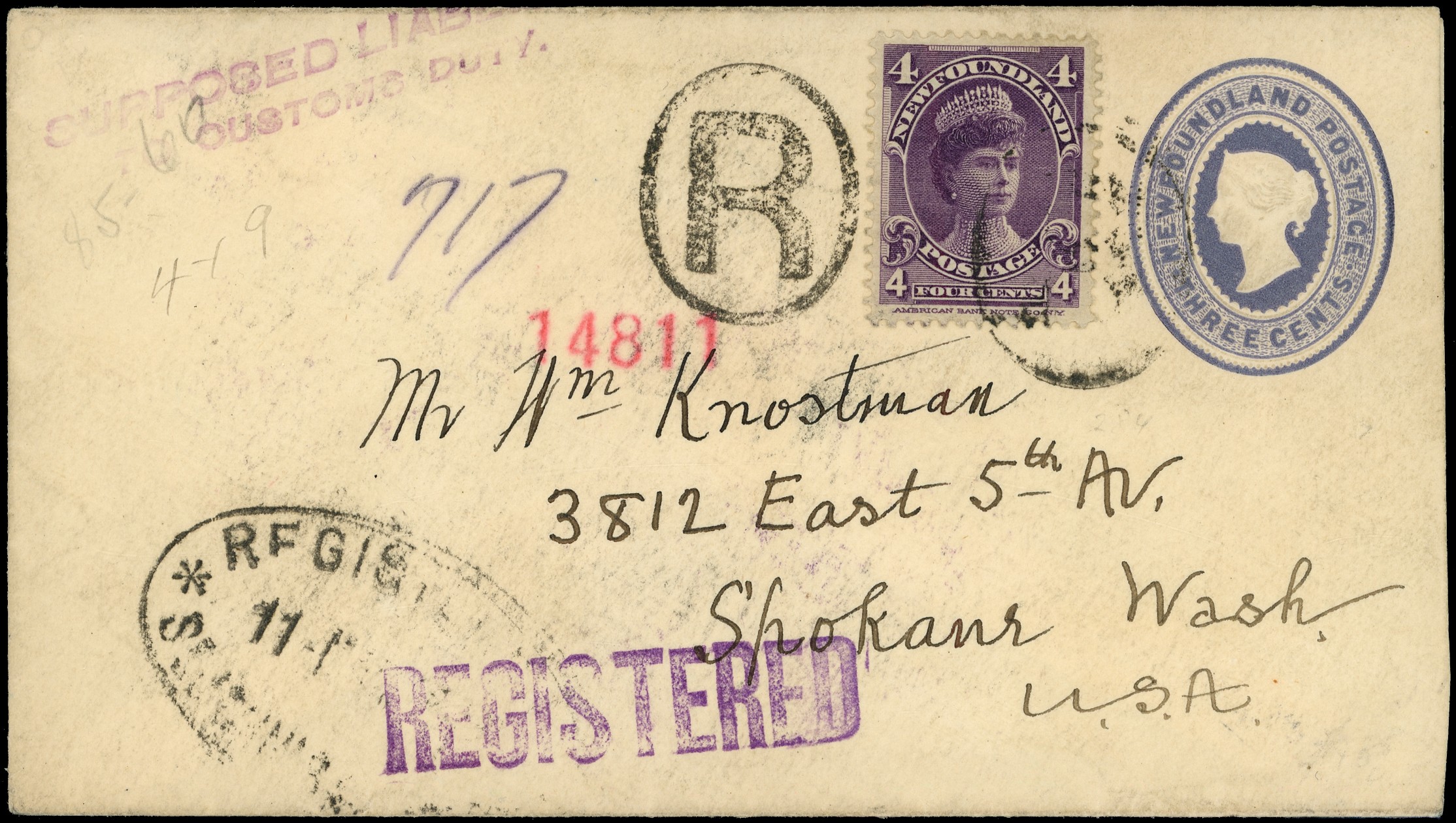 Newfoundland 1897 Royal Family 4ct Queen Mary on 3ct postal stationery envelope SG...