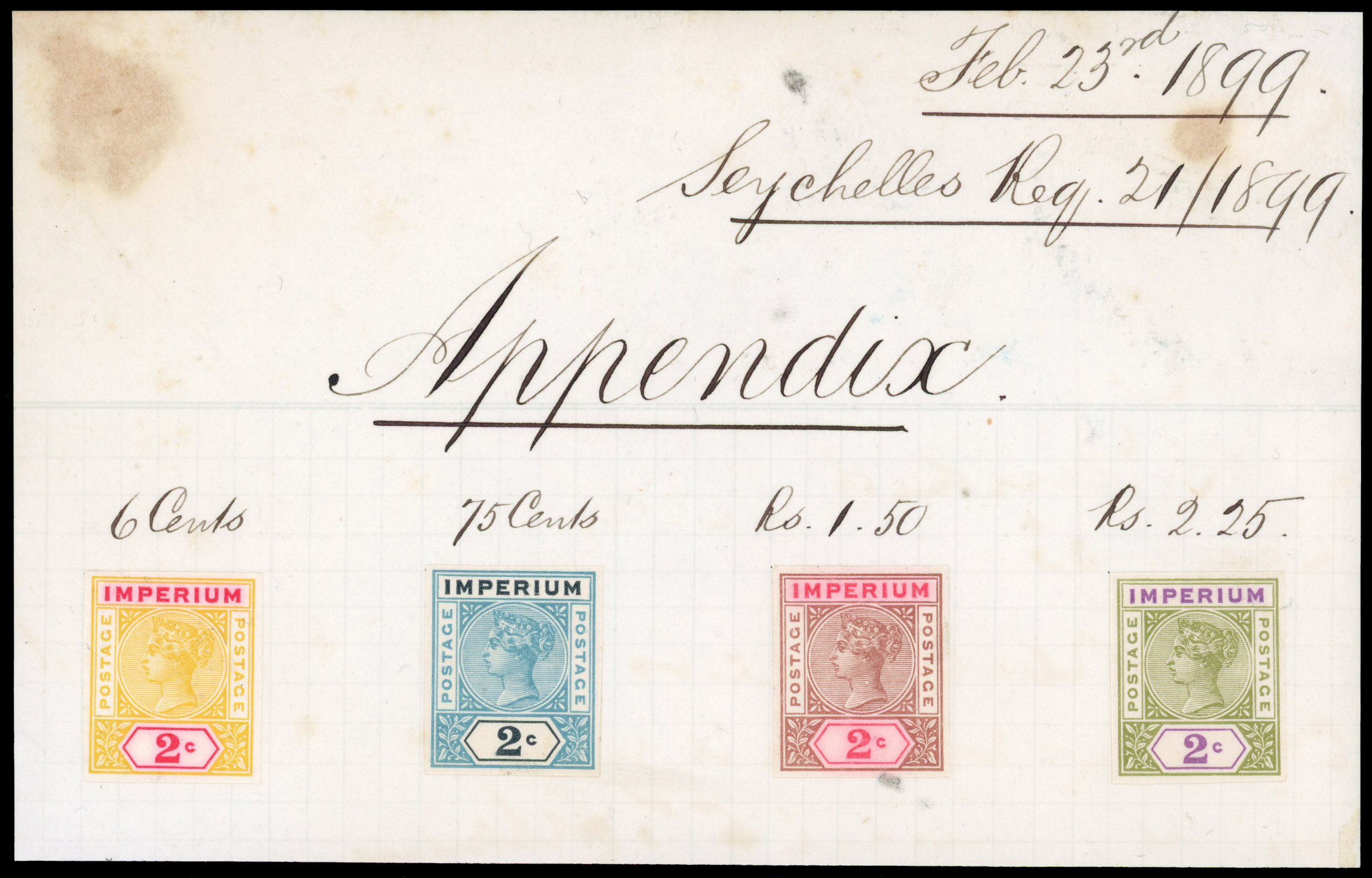 Seychelles 1899 IMPERIUM 2c colour trials 