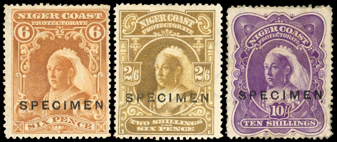 Niger Coast 1897-98 6d, 2s6d and 10s optd SPECIMEN, SG 71s. 73s-74s