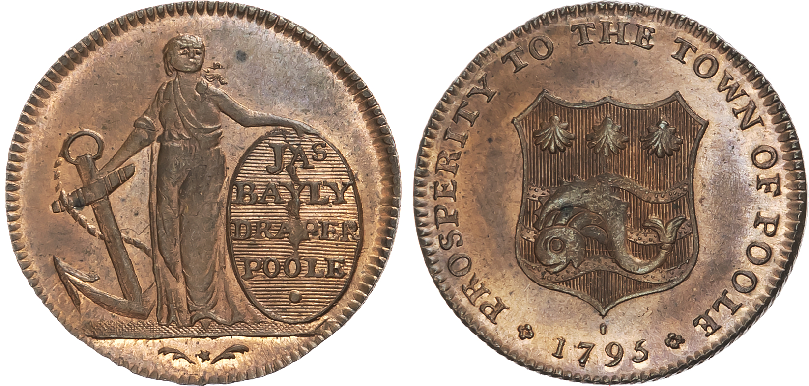 Dors. Poole, James Bayly Farthing 1795, Hope standing with anchor and advertisement , rev. town arms, edge diagonally mi …