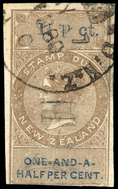 NZ Ad Valorem 1886 1½% with impressed monogram used