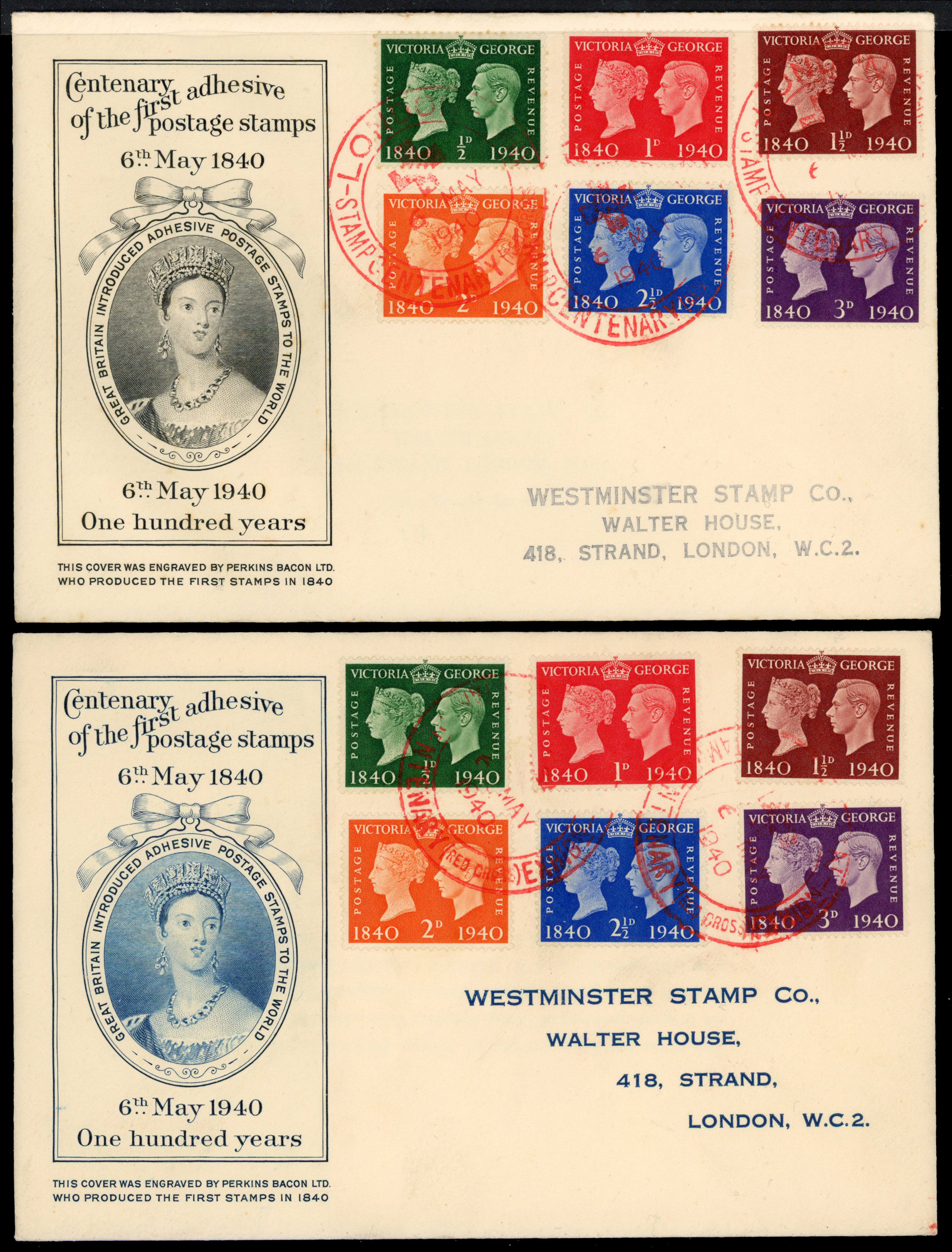 1940 Centenary of First Adhesive Postage Stamps. Pair of printed covers by Perkins Bacon 