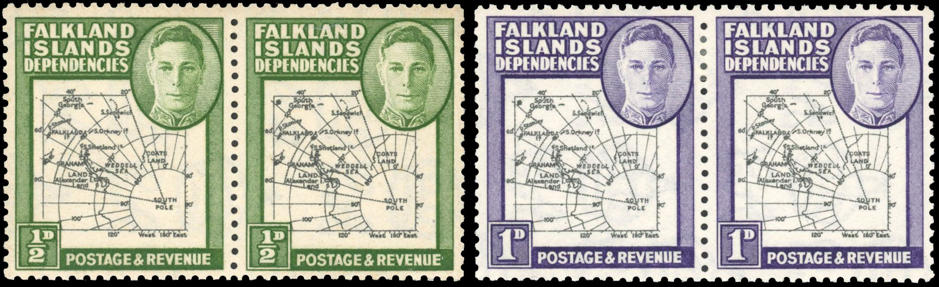 FID 1946 Thick Map ½d and 1d with Pl. 1 R.3/9 extra island, SG G1aa, 2aa