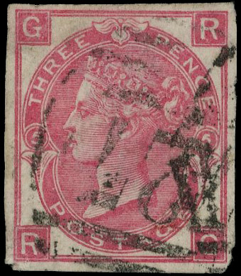 1868 3d Rose Pl.5. Very fine used imperforate example lettered RG, cancelled by two part strikes of an indistinct numera…