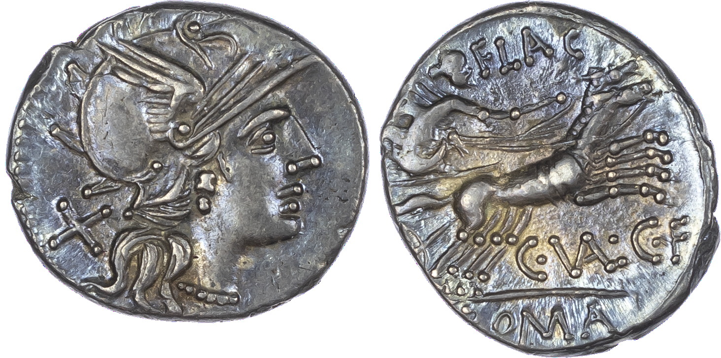 C. Valerius Flaccus (140 BC) AR Denarius, Rome, 3.74g. Helmeted head of Roma facing right, X (mark of value) behind. Rev.