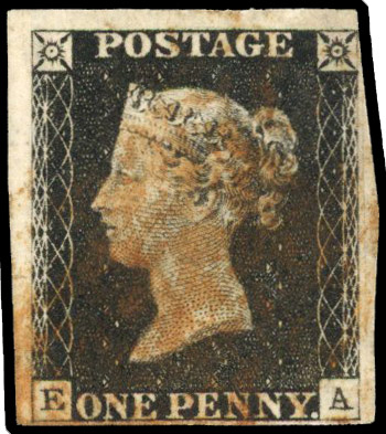 GB: 1840 1d black, Plate 1B, (EA), large margins to left and top, four margins, smudged red MC SG 2