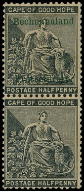 1888 BECHUANALAND PROTECTORATE overprint on ½d grey-black vertical pair, the lower stamp with overprint omitted.  Toned gum...