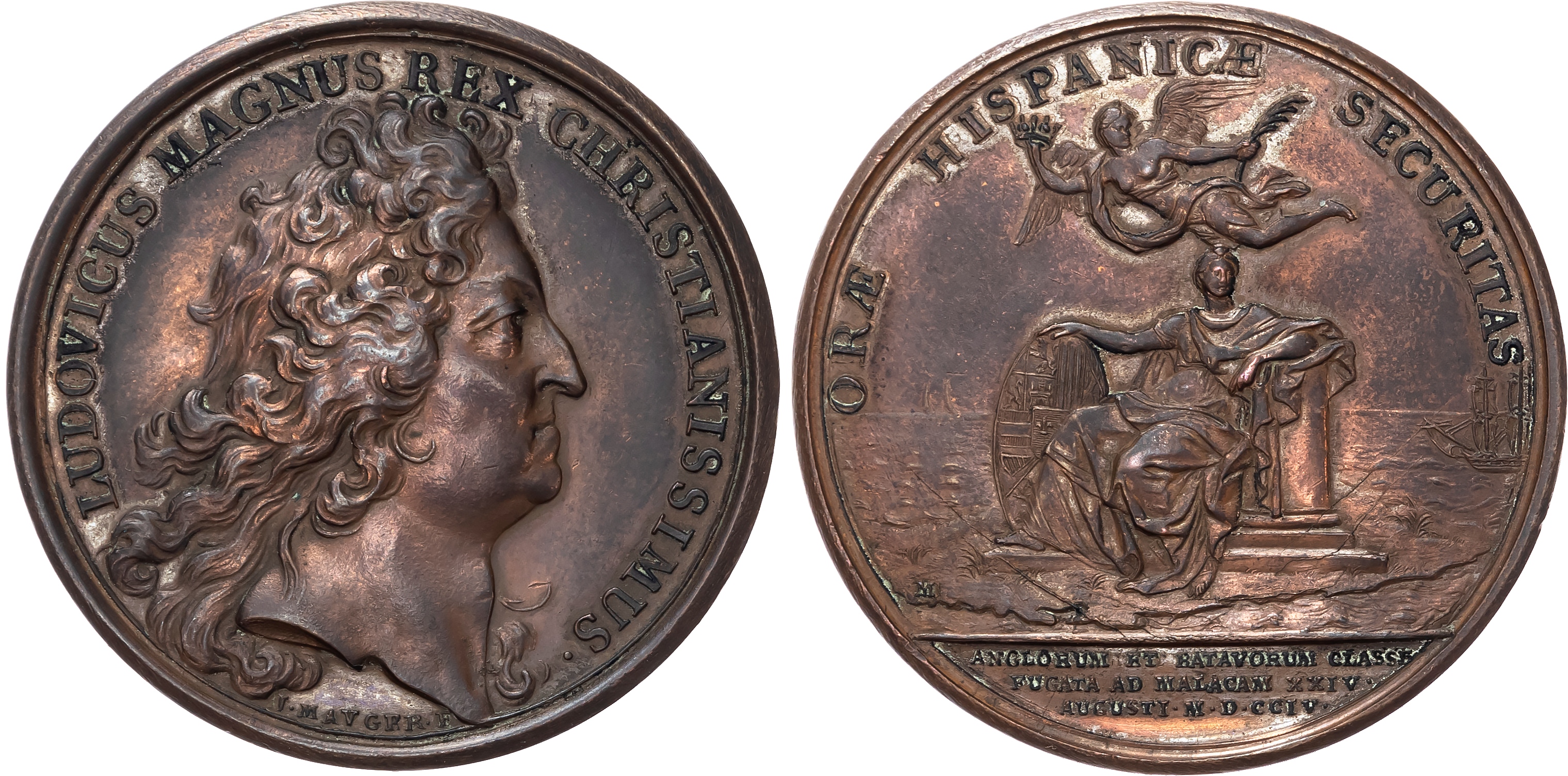 France, Louis XIV (1638-1715), War of the Spanish Succession, Battle of Malaga, copper medal (41mm/34.19gm), 1704, by Mauger