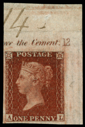Great Britain 1855 1d Red brown Pl.12. The unique unused four margin top right hand corner marginal imperforate im…