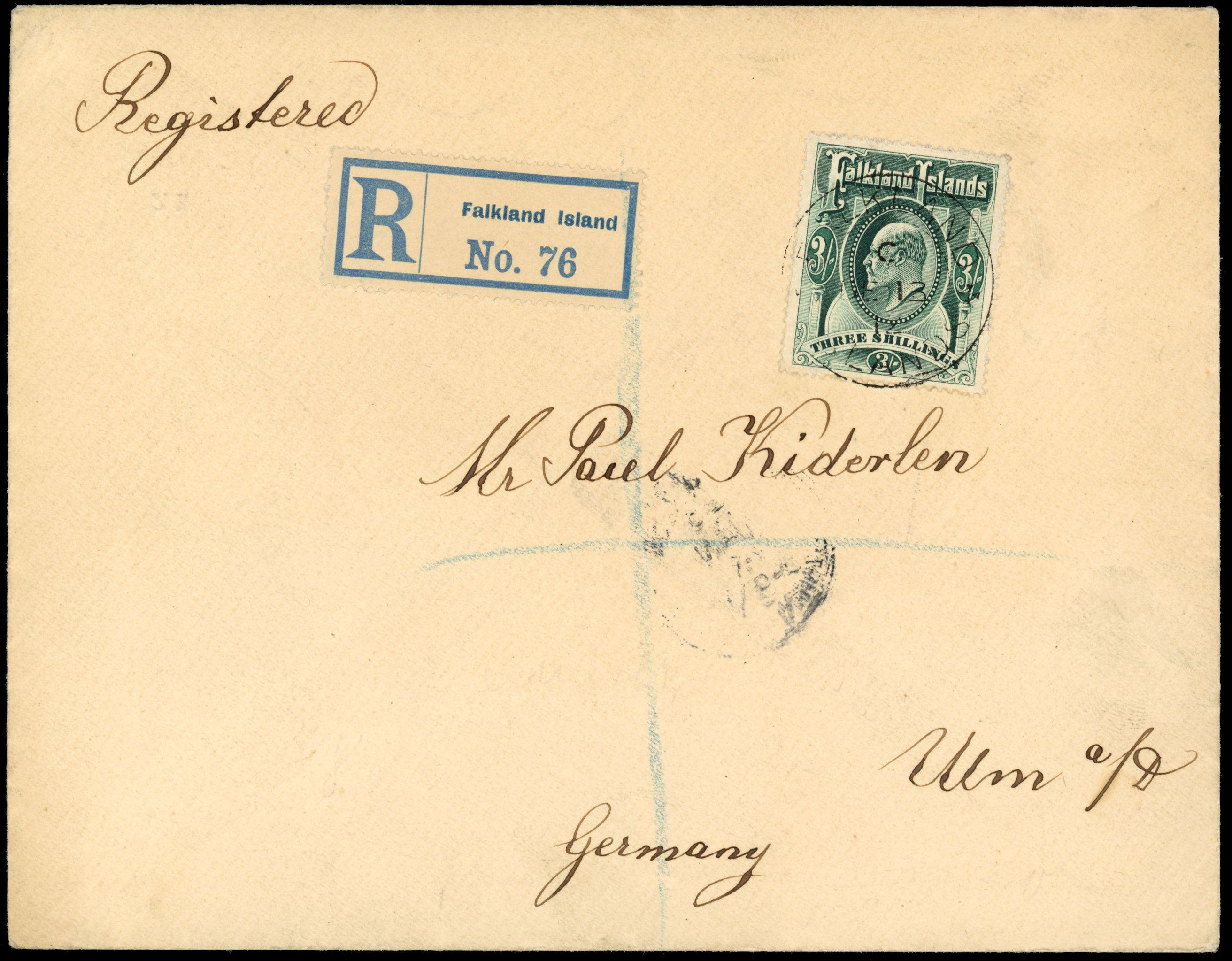 Falkland Islands 1912 registered cover with KE VII 3s to Germany
