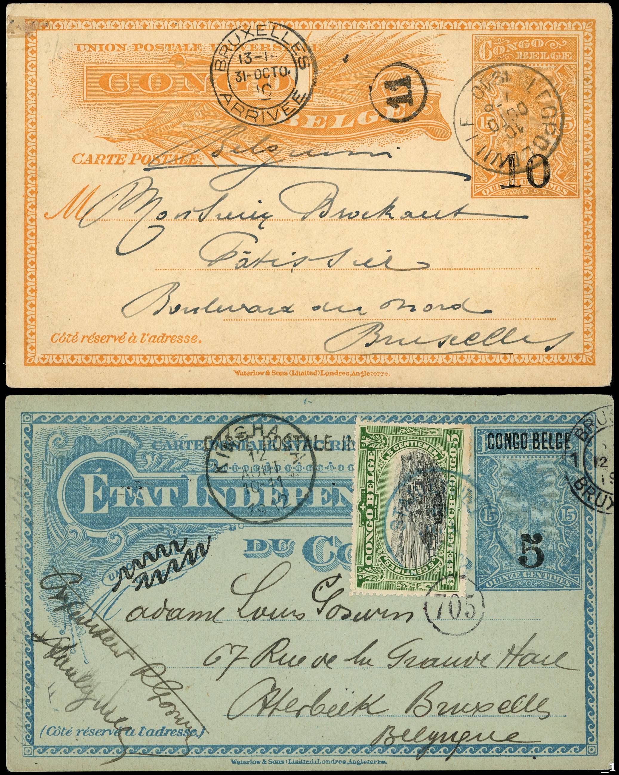 BELGIUM CONGO: 1910 10c on 15c stationery cards to Brussels 