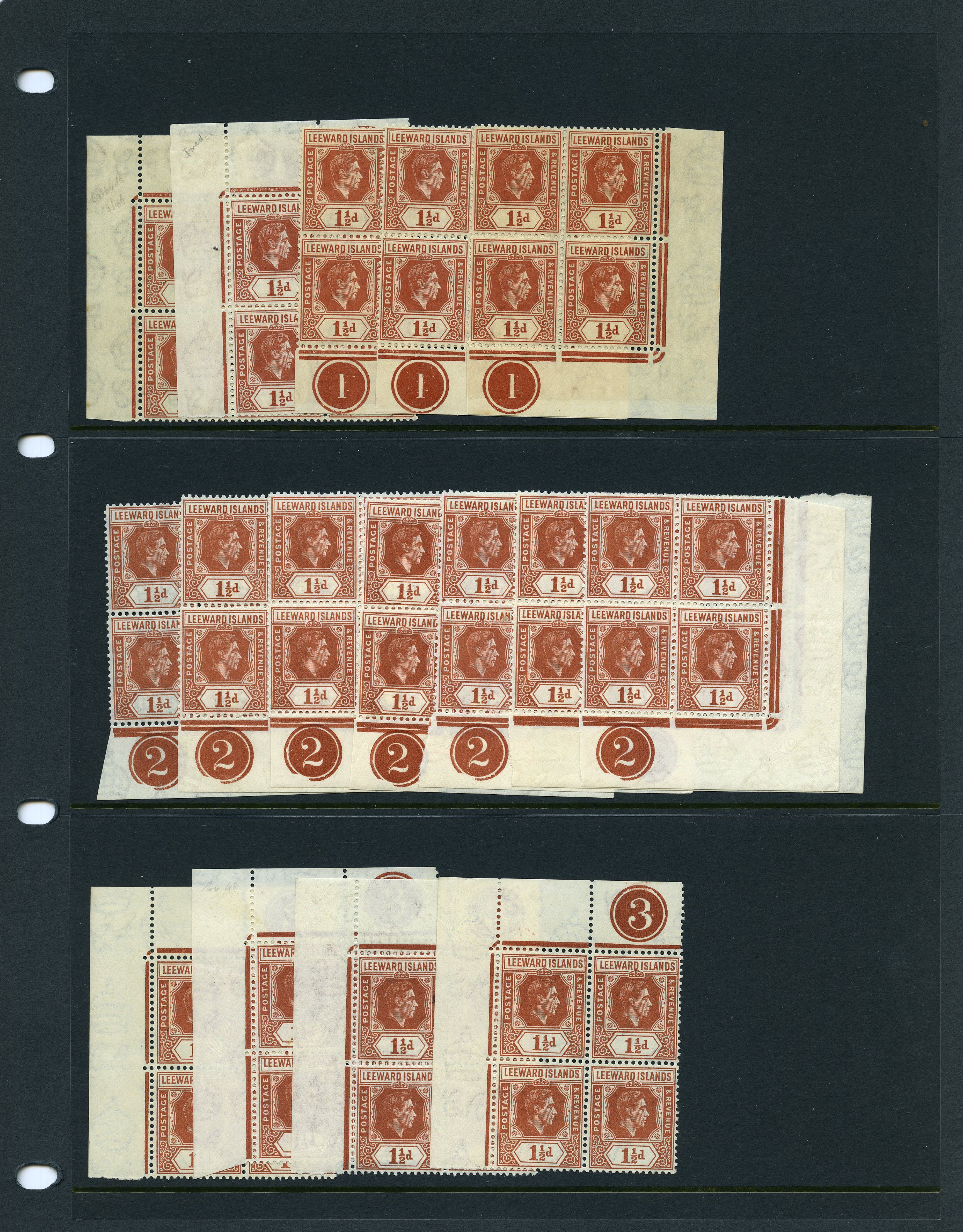 1938-51 1½d mint study with Plate blocks; Plate...