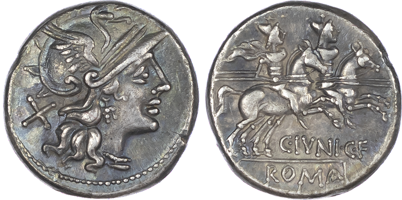C. Iunius C. f. (149 BC) AR Denarius, Rome, 3.74g. Helmeted head of Roma facing right, X (mark of value) behind. Rev. The