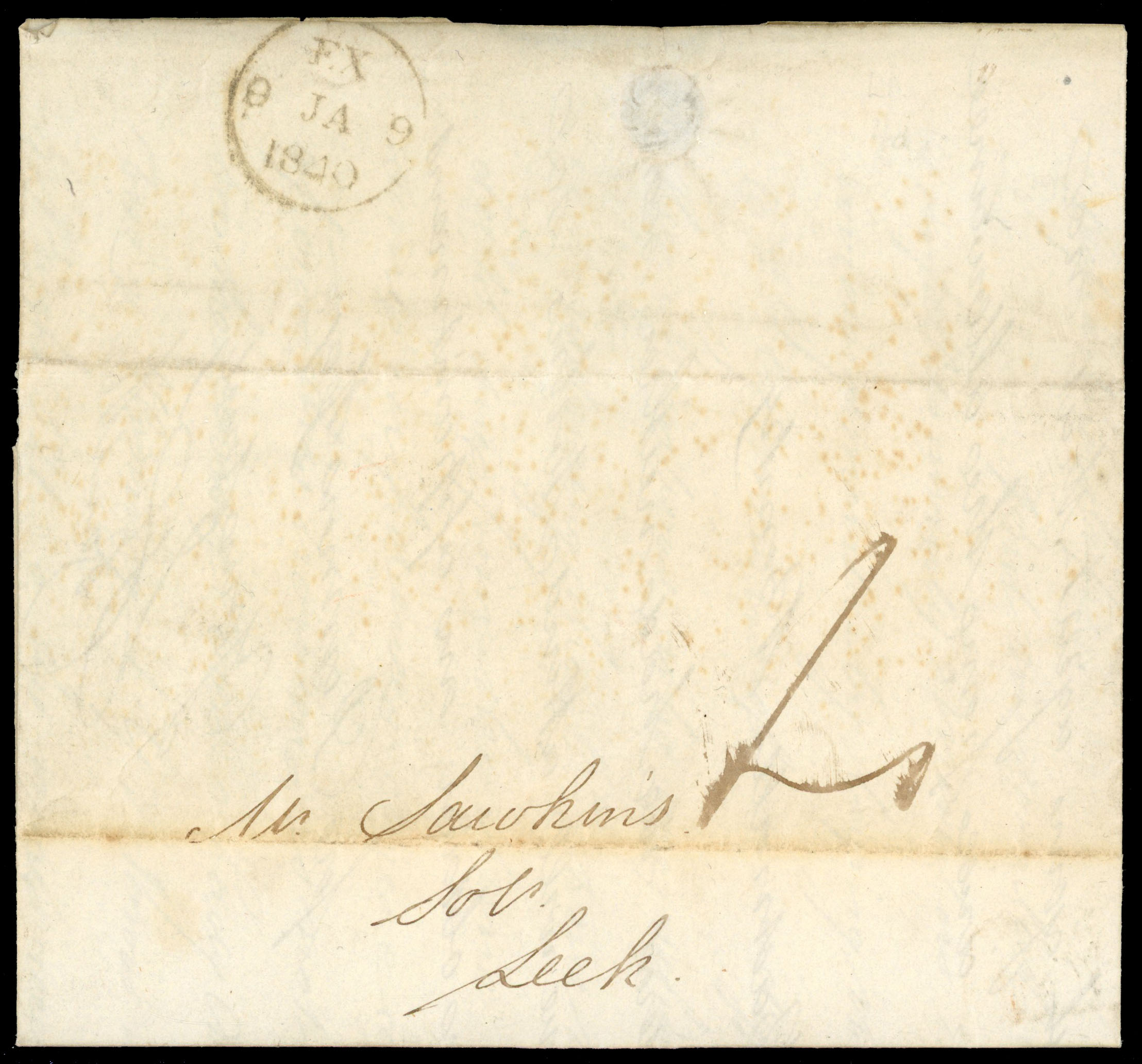 1840 (9 Jan) Uniform Four Penny Post. Entire sent from London to Leek 