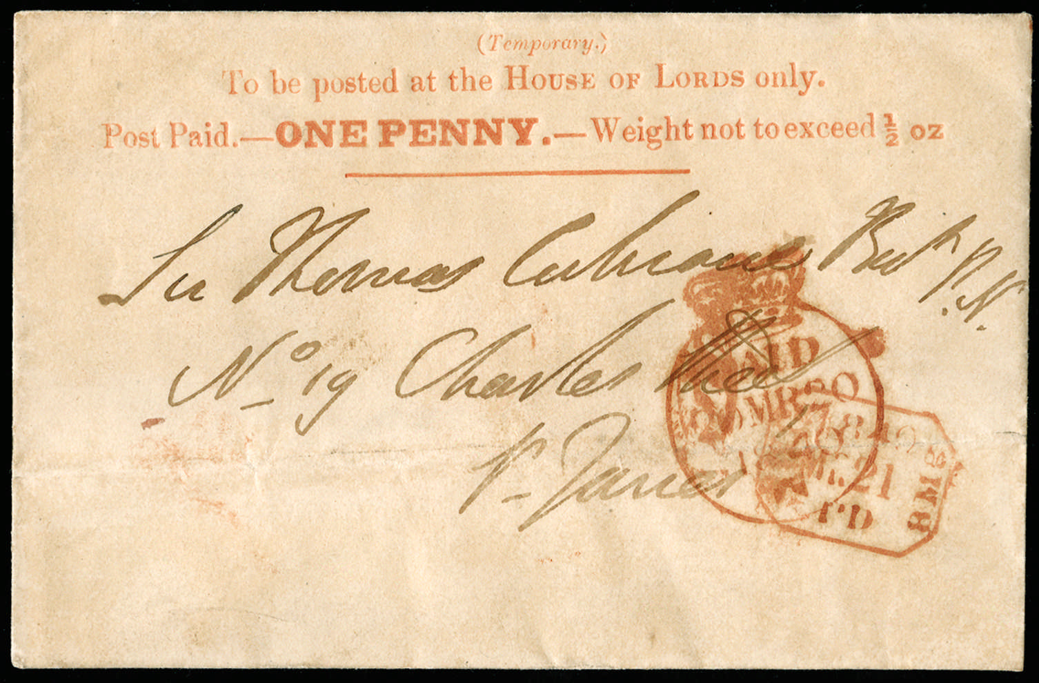 1840 1d "Houses of Lords" Envelope sent locally within London SGPE6