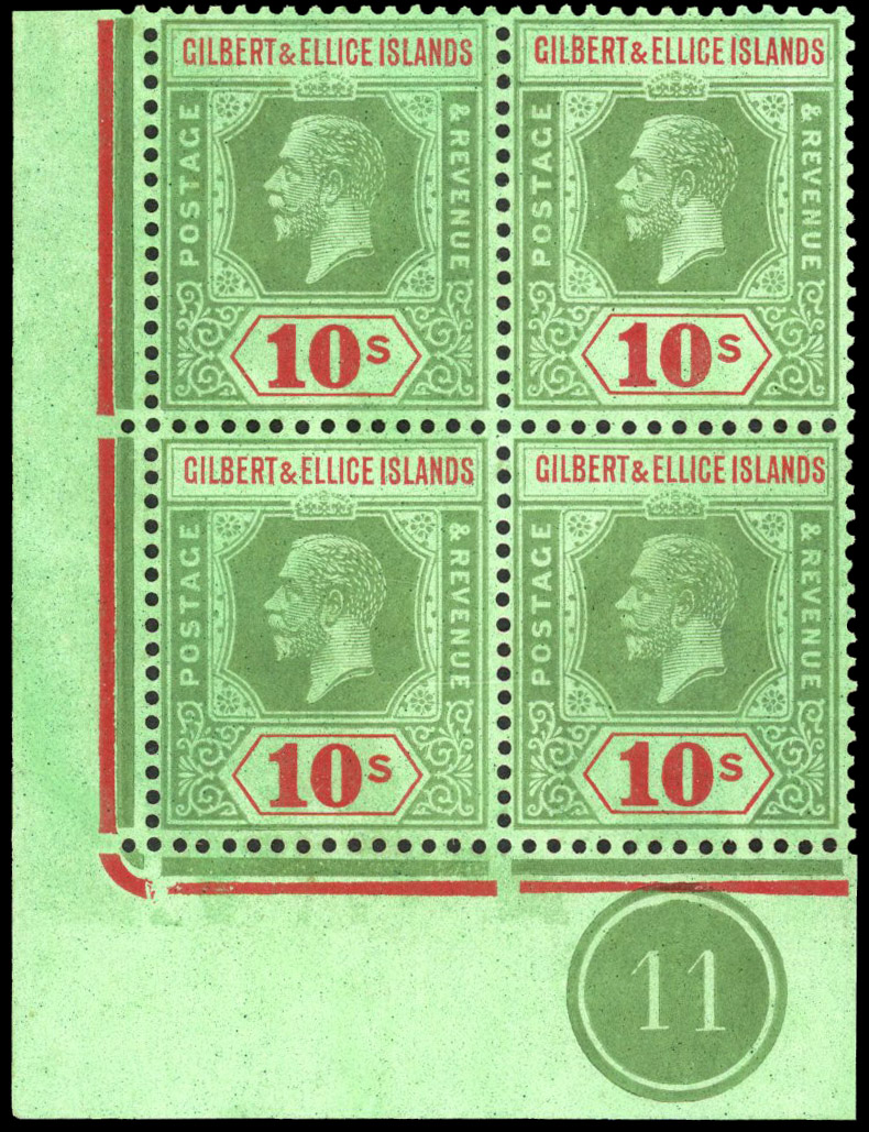 Gilbert & Ellice Islands 1922-27 10s plate block of 4