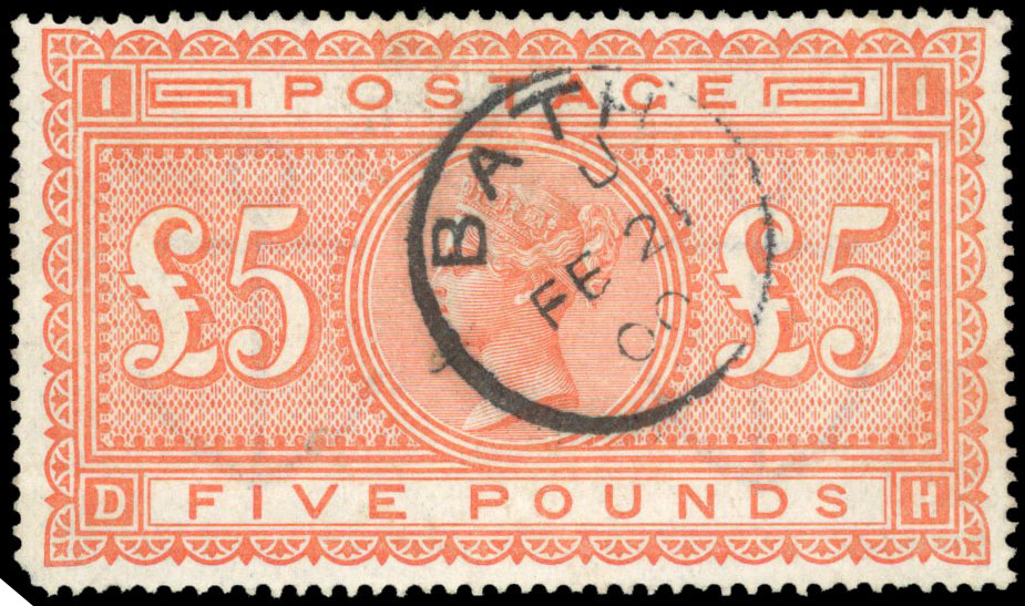 1867-83, Large Anchor, white paper, £5 orange (DH), cancelled
