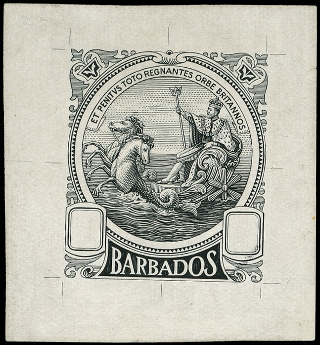 Barbados 1916/19 Master die proof in black on thin card (40x44mm) showing guide lines....