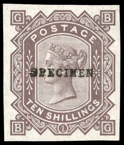 1878 10s Colour trial (BG). Unused o.g. imperforate example printed in brown