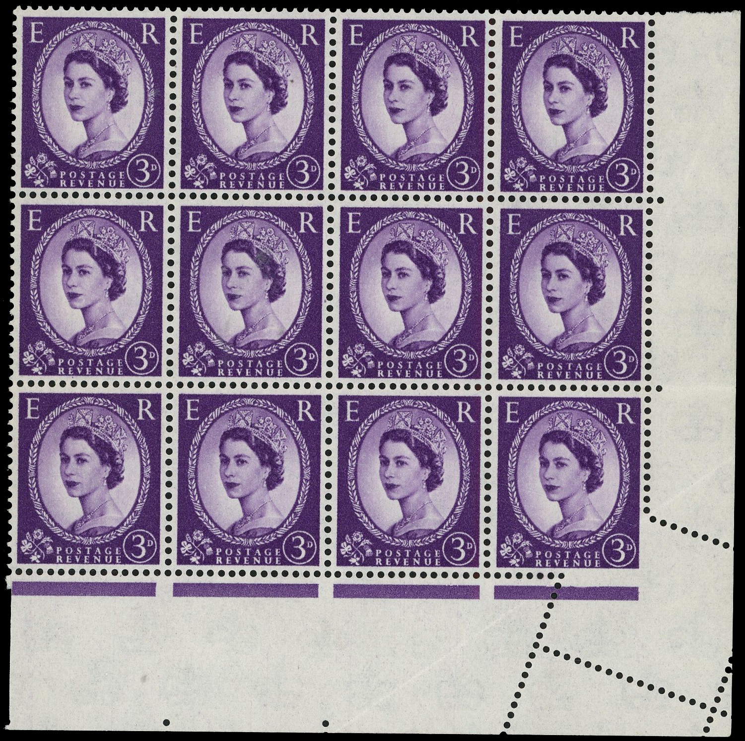 GB: 1958 3d deep lilac, l/r corner marginal block of 12 (4x3) the corner stamp showing pre-perforating paper fold 