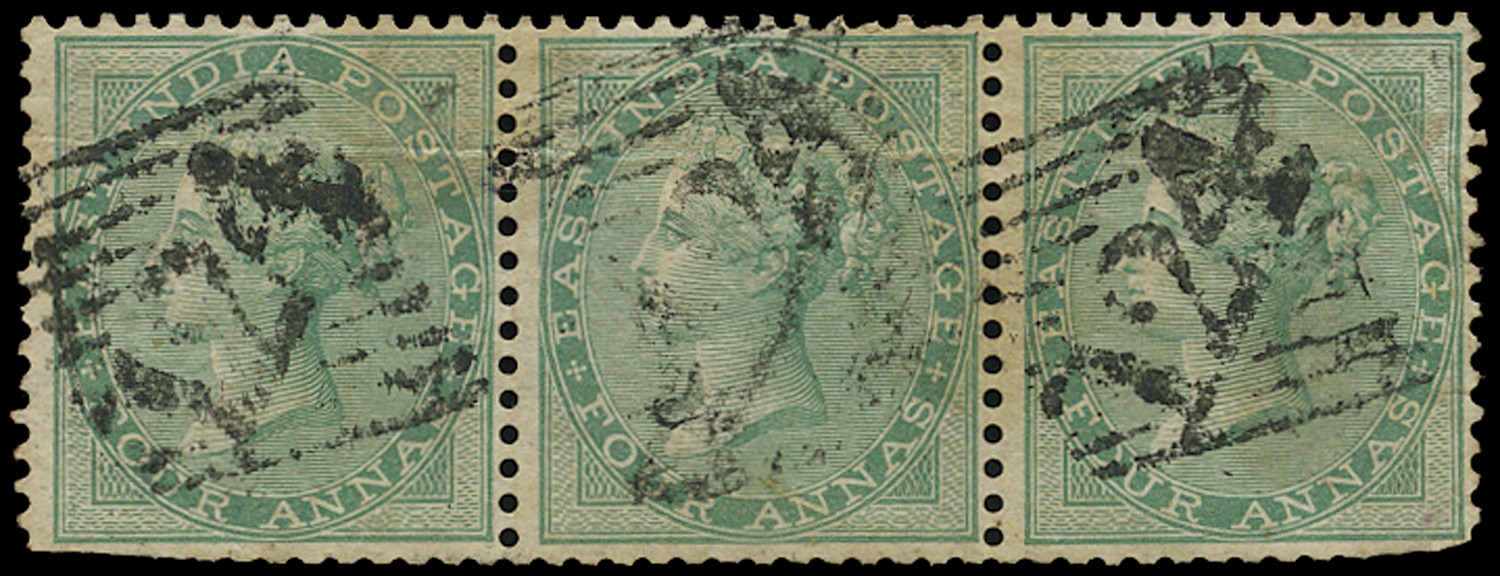 1856-64 India No wmk 4a green, horizontal strip...