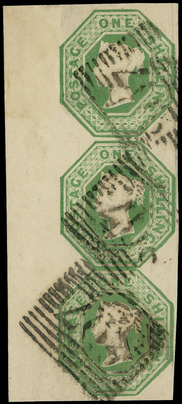 1854 1s Green (Die W.W.2). Vertical strip 1 thread/no thread