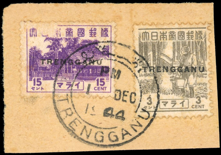 Thai Occupation of Trengganu SG TT21, 25 3c and 15c Pictorials used on piece