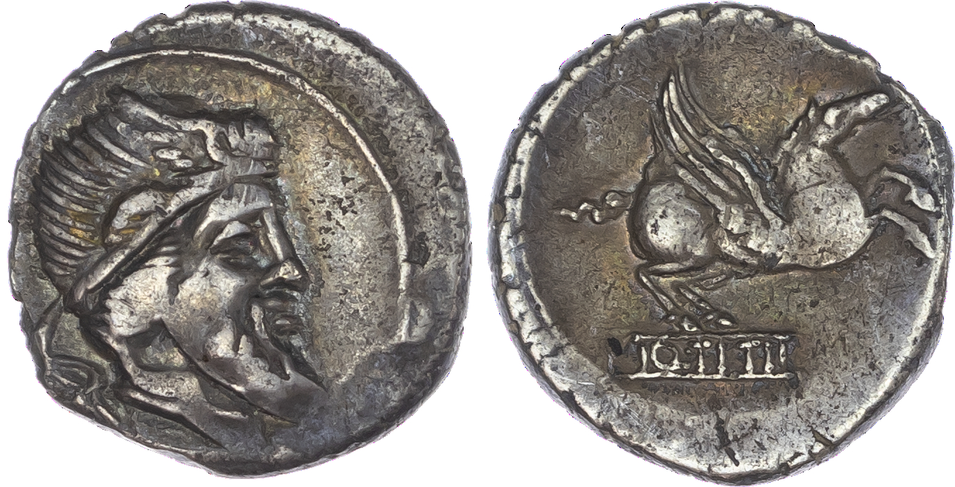 Q. Titius (90 BC) AR Denarius, Rome, 3.71g. Bearded head of Mutinus Titinus facing right. Rev. Pegasus springing right on