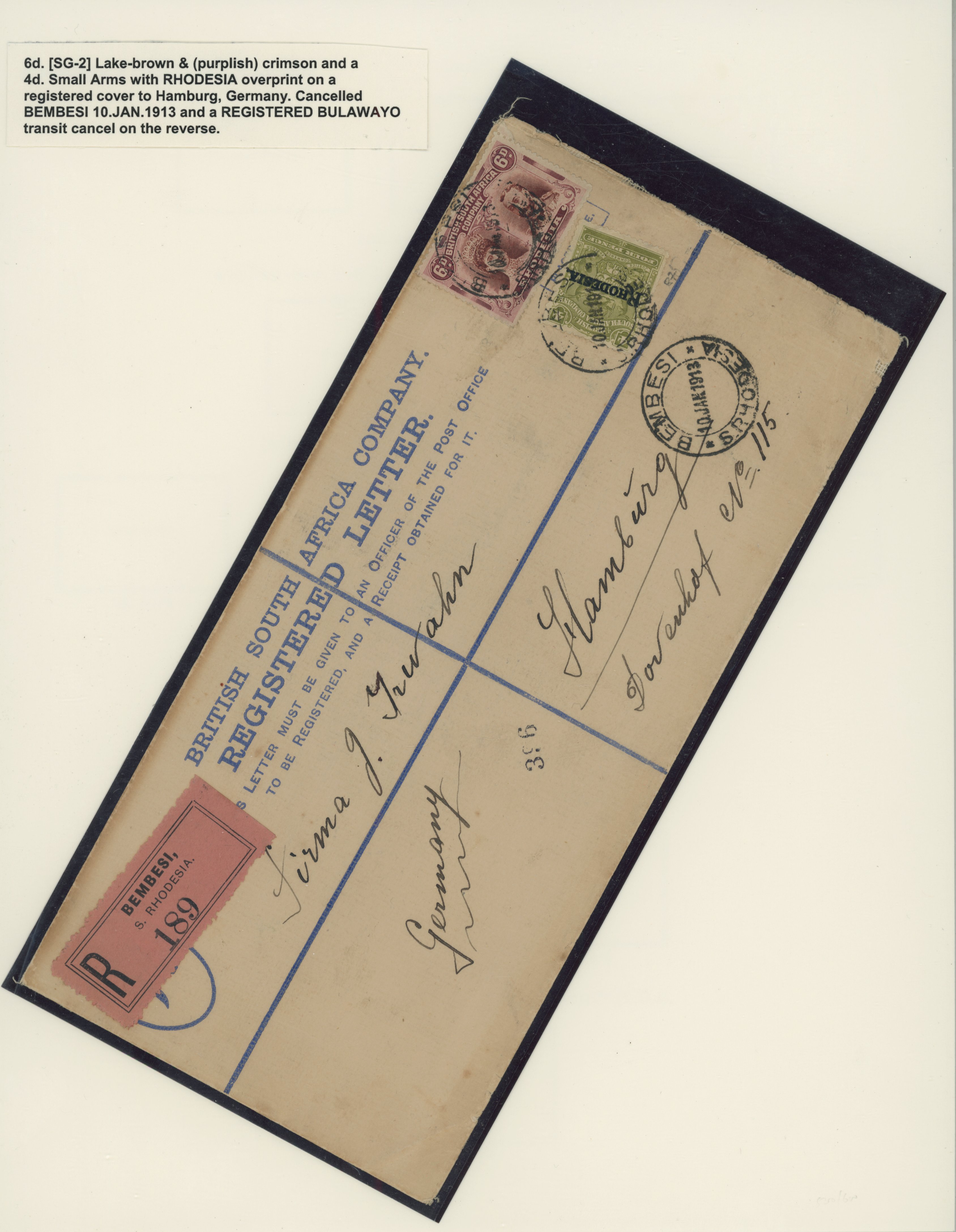 6d lake-brown and crimson with 1909 4d on postal stationery registered envelope to Germany
