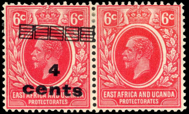 KUT SG 64d 1919 4c on 6c pair, with and without surcharge mint