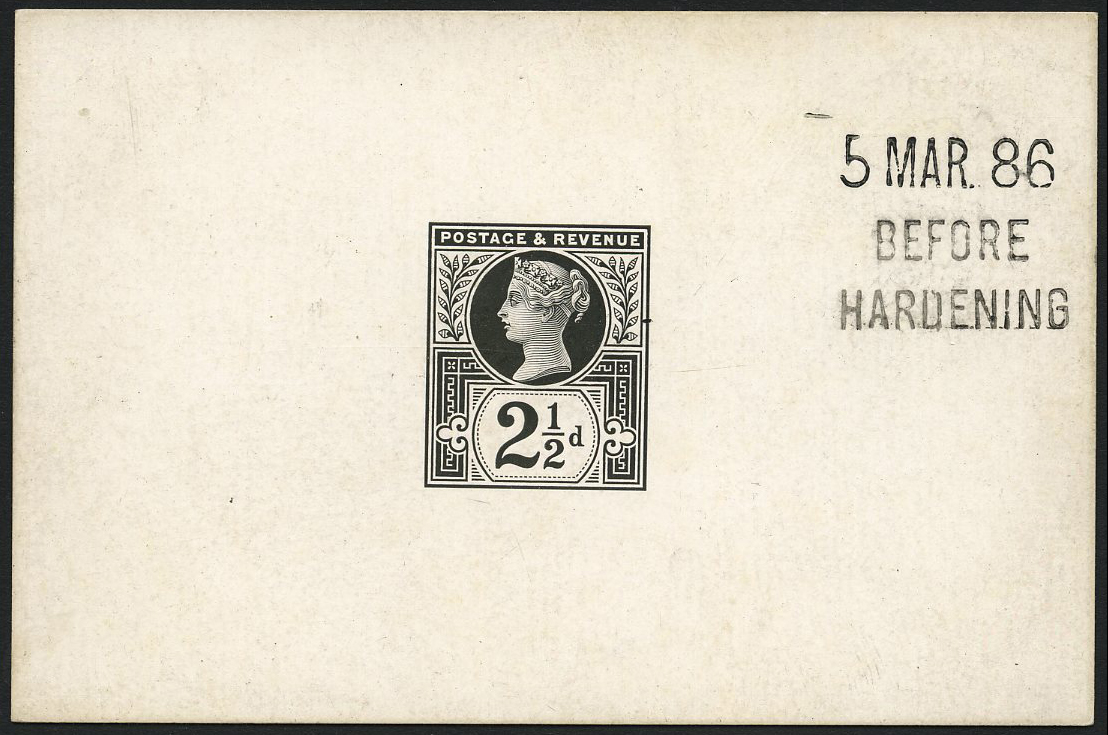 1886 21/2d "Jubilee" Die proof. Very fine die proof printed in black on white glazed card (92 x 60mm) endorsed...