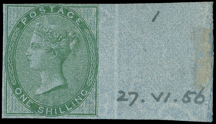 1856 1s Green on blue glazed paper Pl.1. Imprimatur