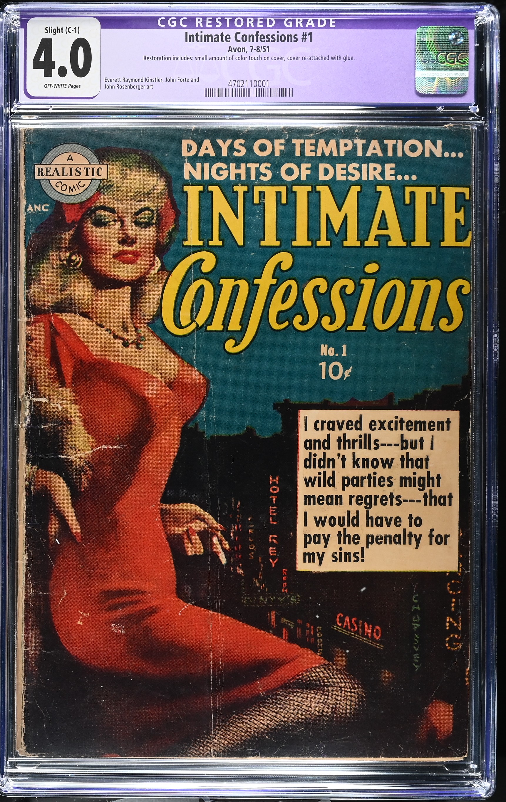 Intimate Confessions #1 Restored 4.0 Painted Cover by Everett Kinstler (Avon, 1951) Off-White Pages
