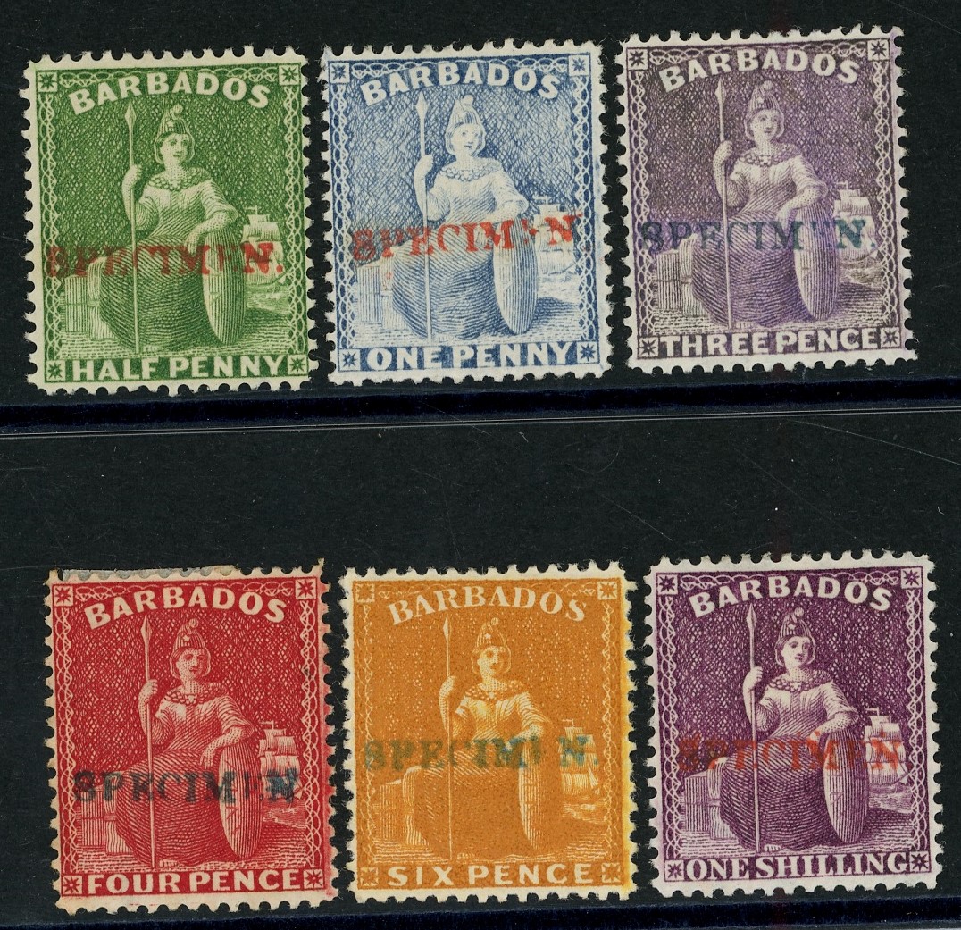 BARBDOS: 1875-81 issued stamps perforated 14: ½d, 1d, 3d, 4d, 6d and 1s. handstamped “SPECIMEN”