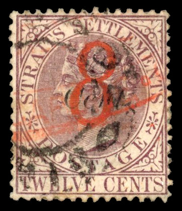 Malaya Straits "8" on 8c on 12c dull purple "s" of "Cents" low SG 80c used