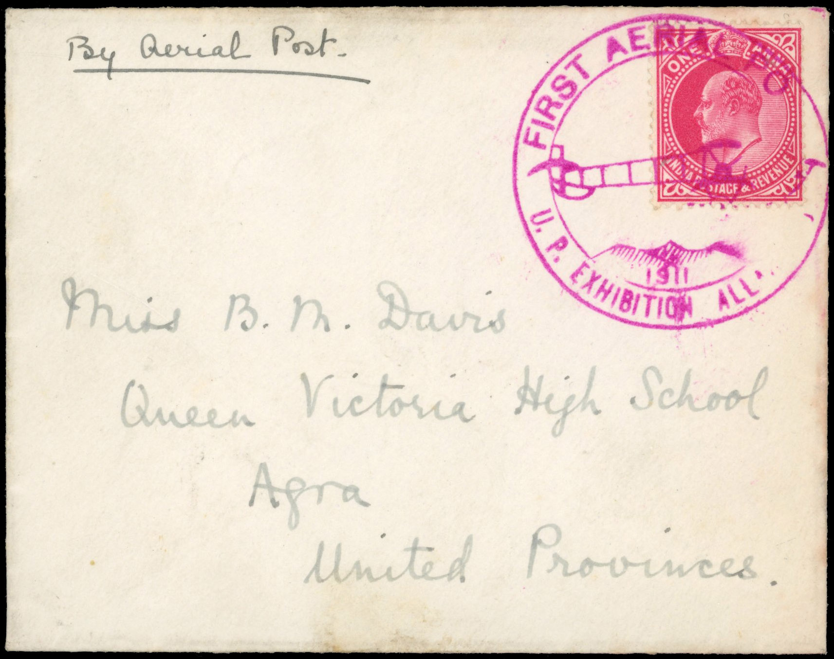 India SG 150 1911 First Aerial Post cover to Agra bearing 1a carmine