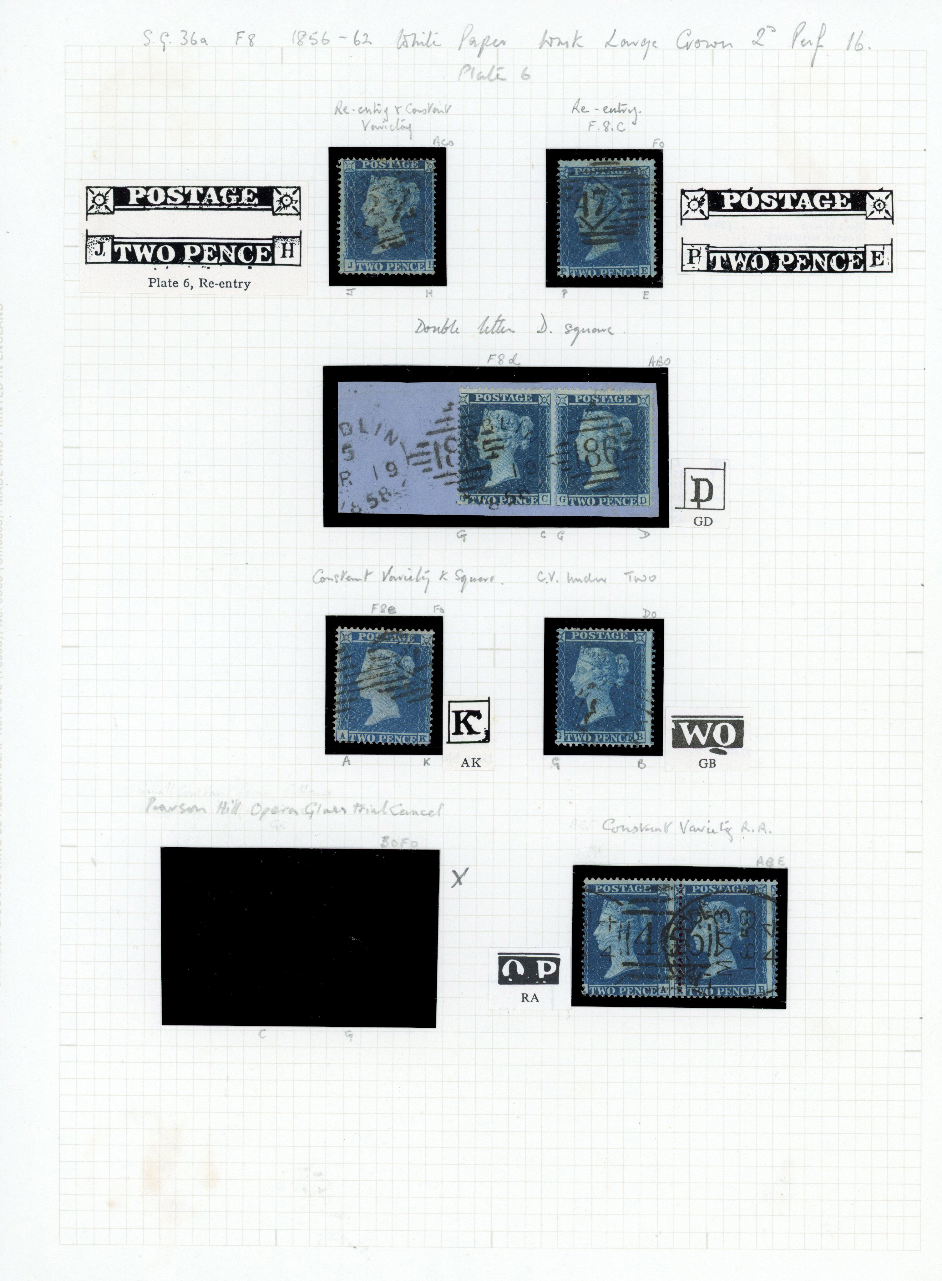 1858 2d Blue Pl.6 (SG36a, Die I, Alphabet III, Wmk. Large Crown, Perf 16). A fine group of eight used examples