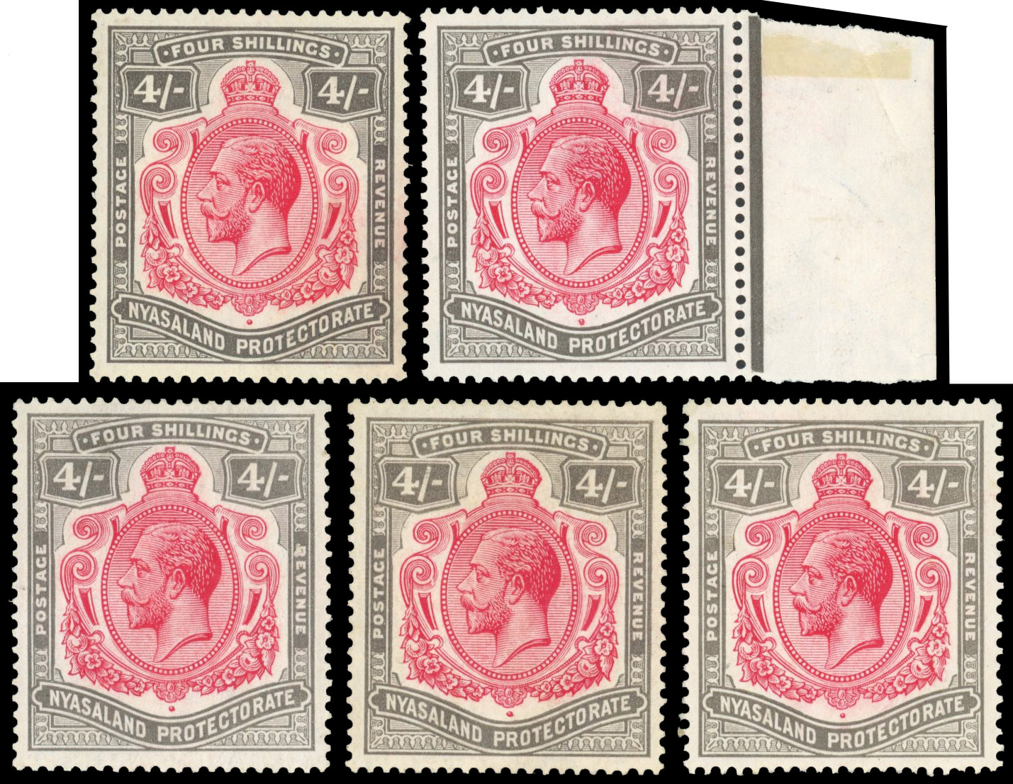 Nyasaland SG 111-e 1927 4/- plate flaws mint