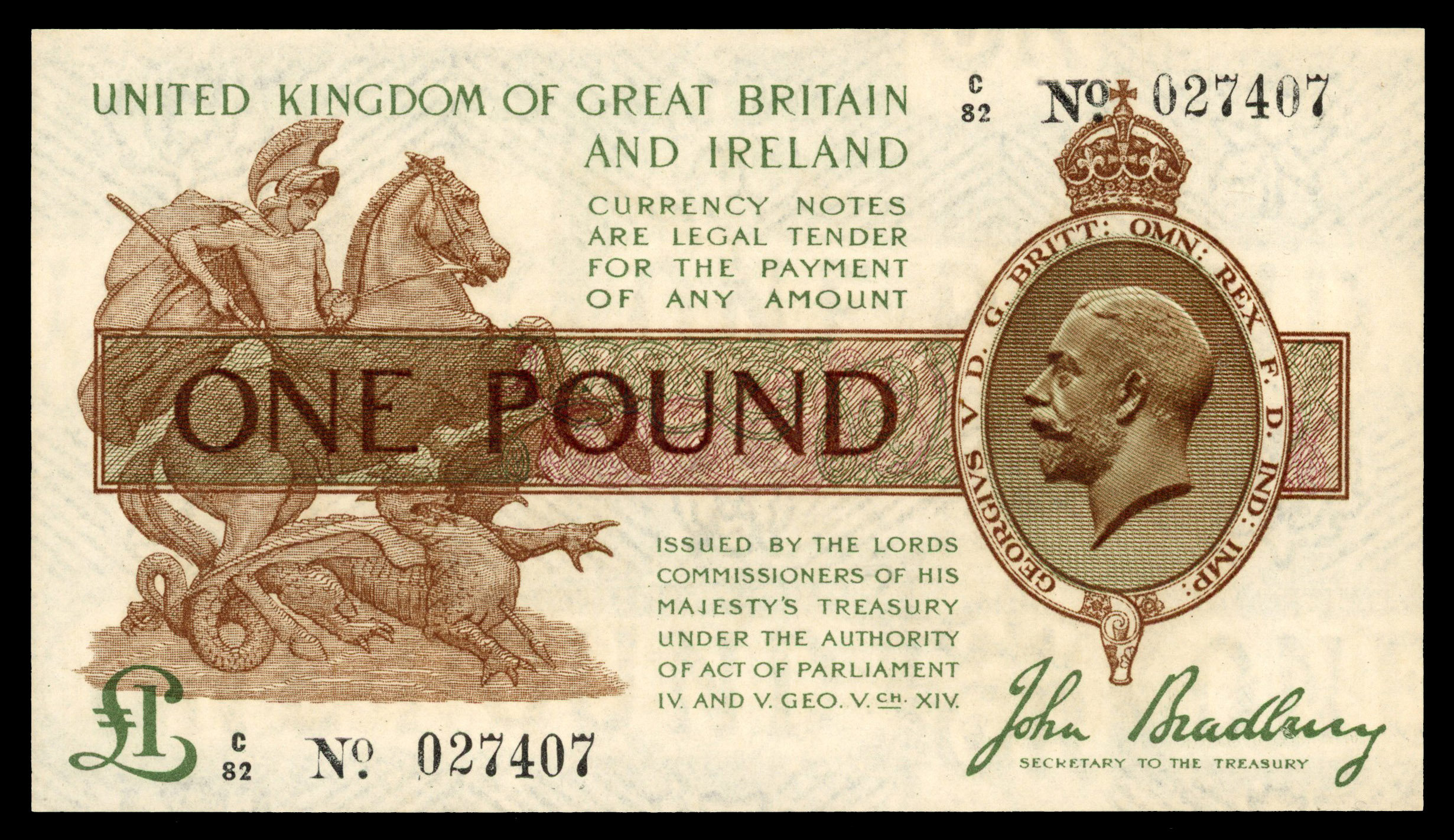 Treasury, J. Bradbury, One Pound, 1917‑19, C/82 027407.